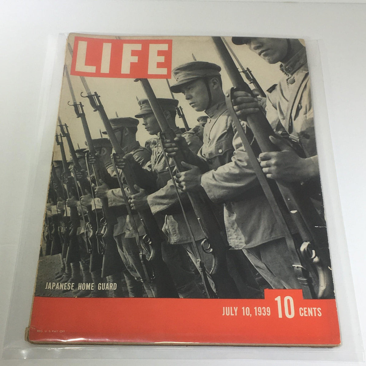 Cover of Vintage Life Magazine: Japanese Home Guard - July 10, 1939, featuring soldiers lined up with rifles in a military formation, highlighting historical significance.