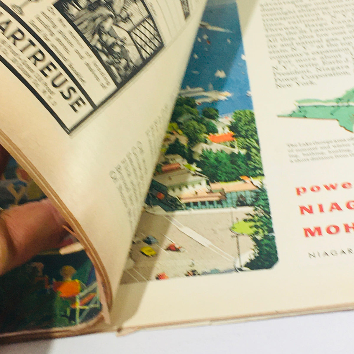 Inside view of The New Yorker July 6 1957 magazine, displaying colorful advertisements and illustrations, emphasizing mid-century artistic design and nostalgia.