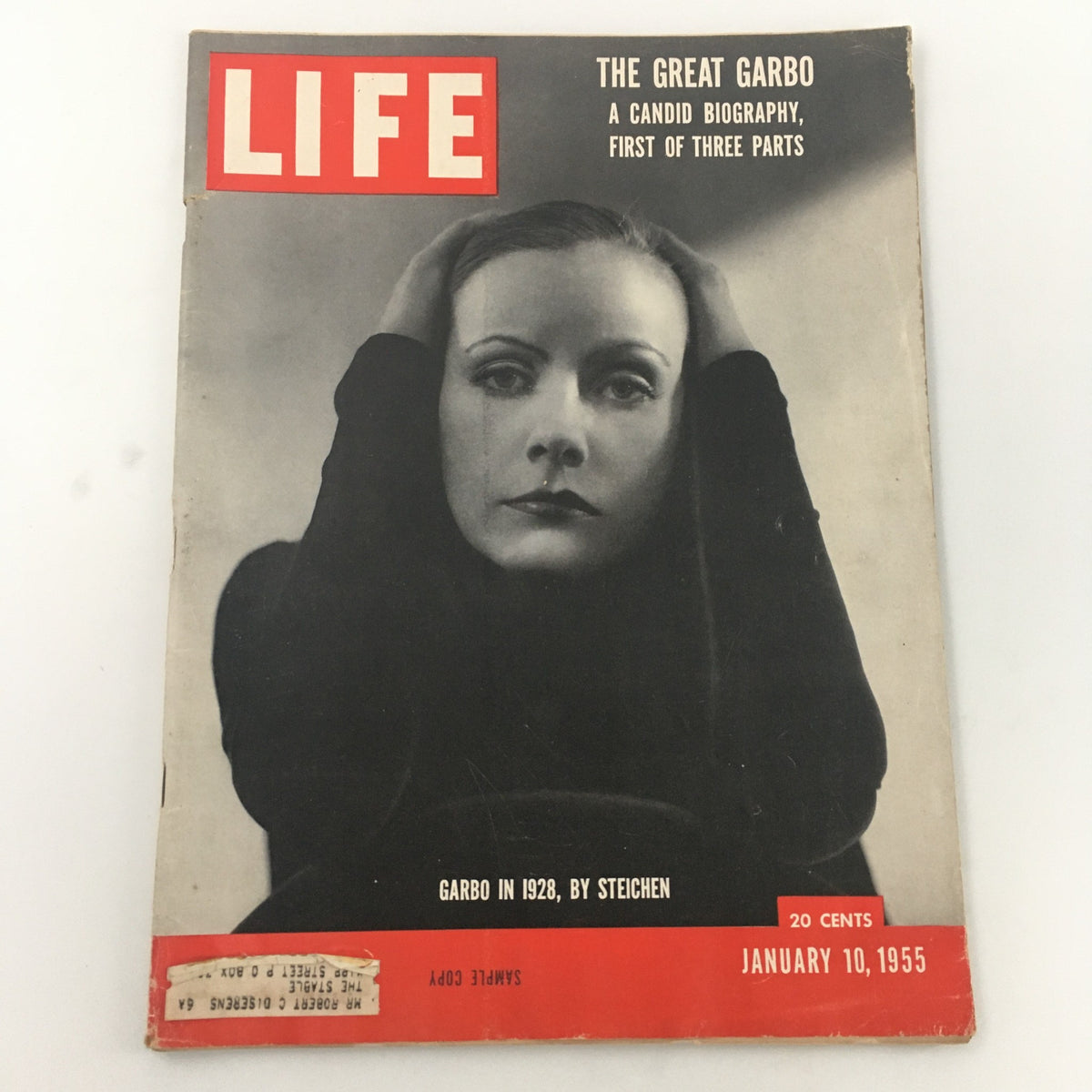 Cover of VTG Life Magazine January 10 1955 featuring 'The Great Garbo: A Candid Biography'. This vintage magazine showcases a black-and-white portrait of Greta Garbo, highlighting her enigmatic beauty, and includes the date and price at the bottom.