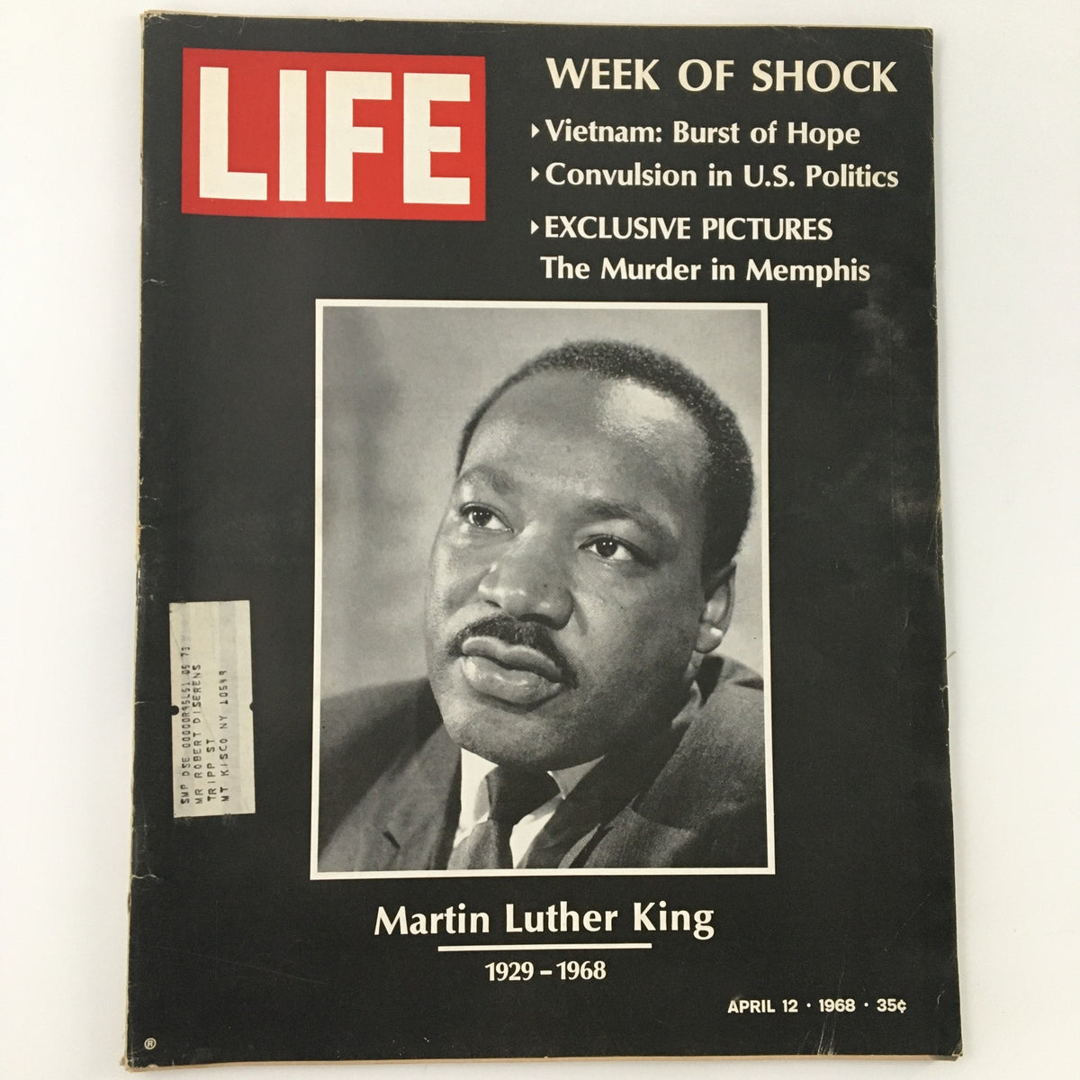 Cover of VTG Life Magazine from April 12, 1968, featuring Martin Luther King Jr. and the title 'Week of Shock'. This issue reflects on the aftermath of King's assassination, highlighting its historical significance.