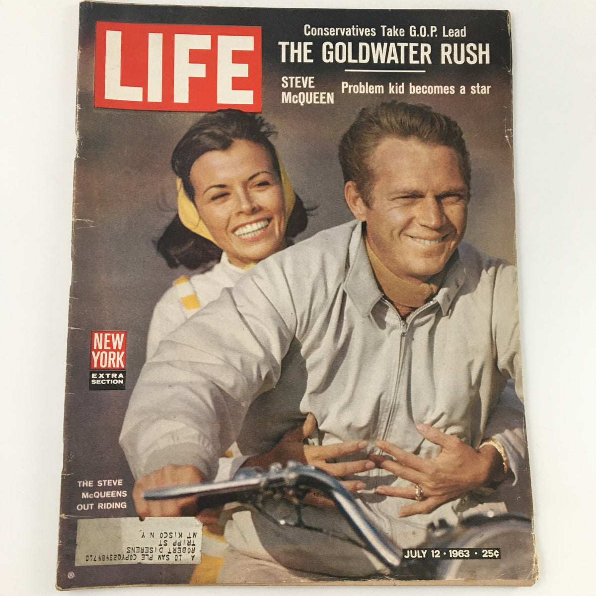 Vintage Life Magazine cover from July 12, 1963, featuring 'The Goldwater Rush' and Steve McQueen. Illustrates the allure of the early 1960s American culture with a classic design and captivating visuals.