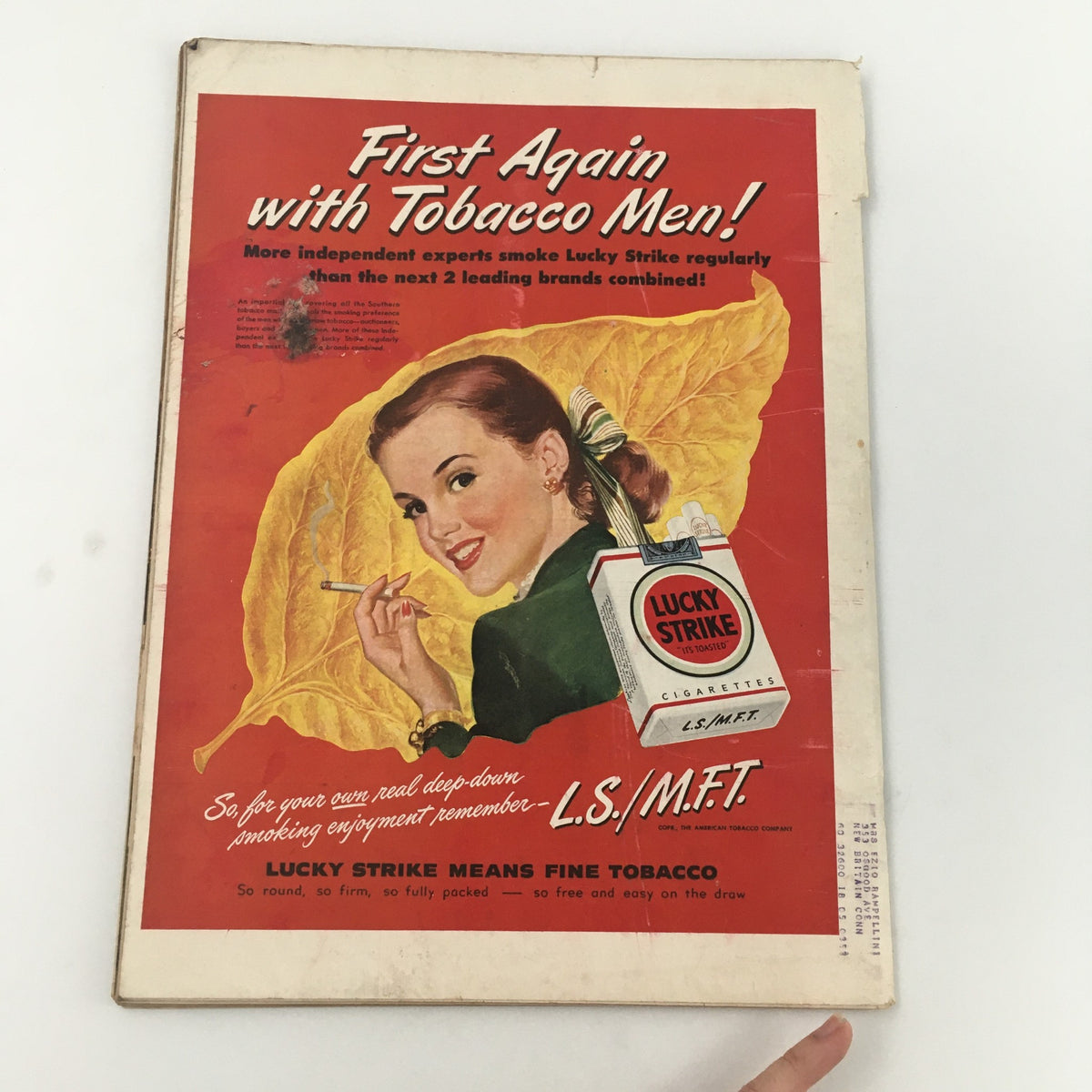Back cover of the VTG Life Magazine November 1, 1948, featuring an advertisement for Lucky Strike cigarettes, showcasing a woman smoking and promoting tobacco products.