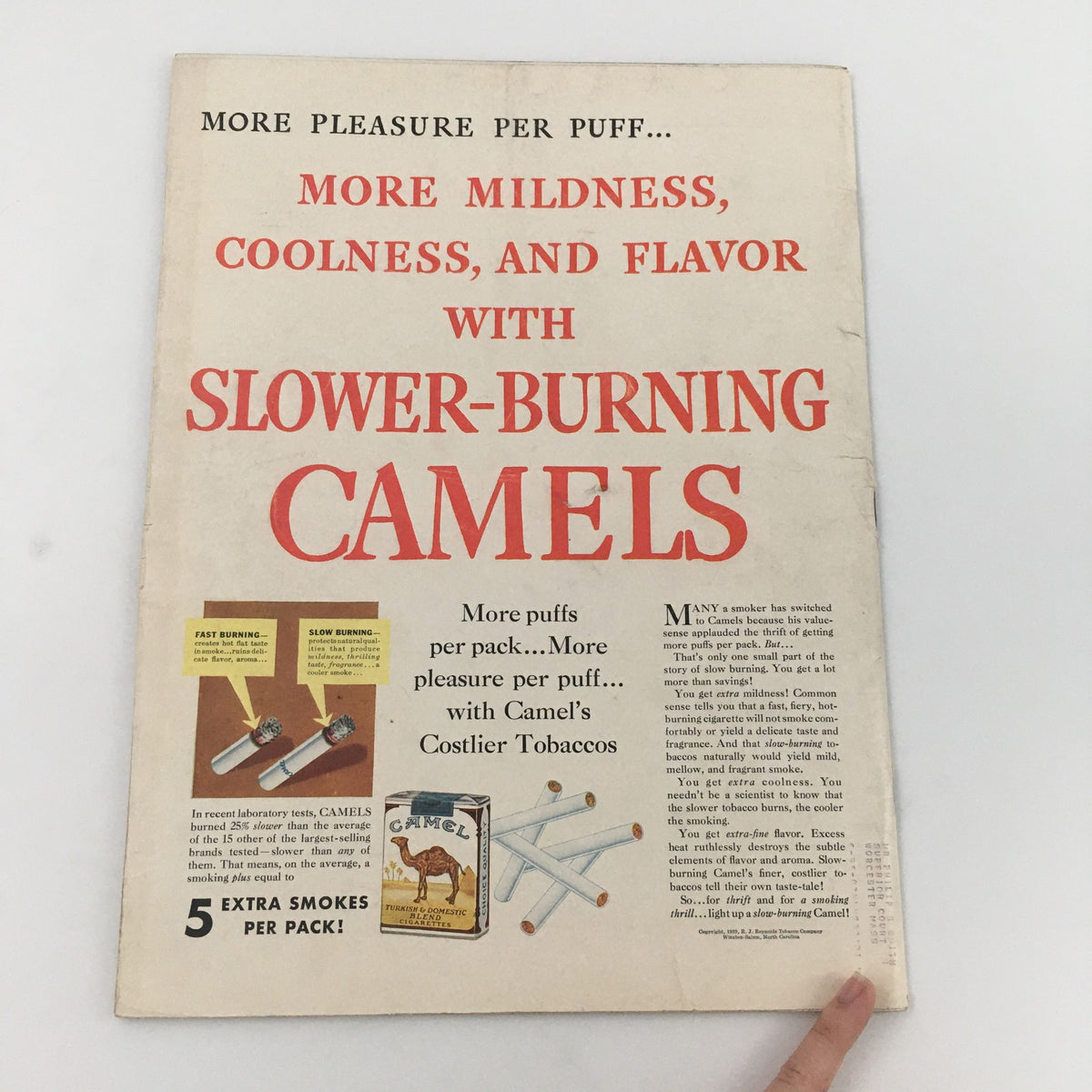 Back cover of a vintage advertisement for Camel cigarettes, promoting the benefits of slower-burning smokes, dated from the late 1930s.