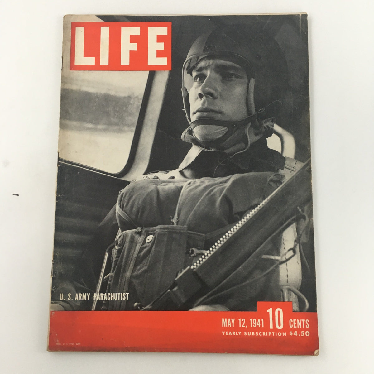 Front cover of the VTG Life Magazine from May 12, 1941 featuring U.S. Army Parachutist and baseball legend Bob Feller. The cover highlights a historic moment with a striking image of a parachutist.