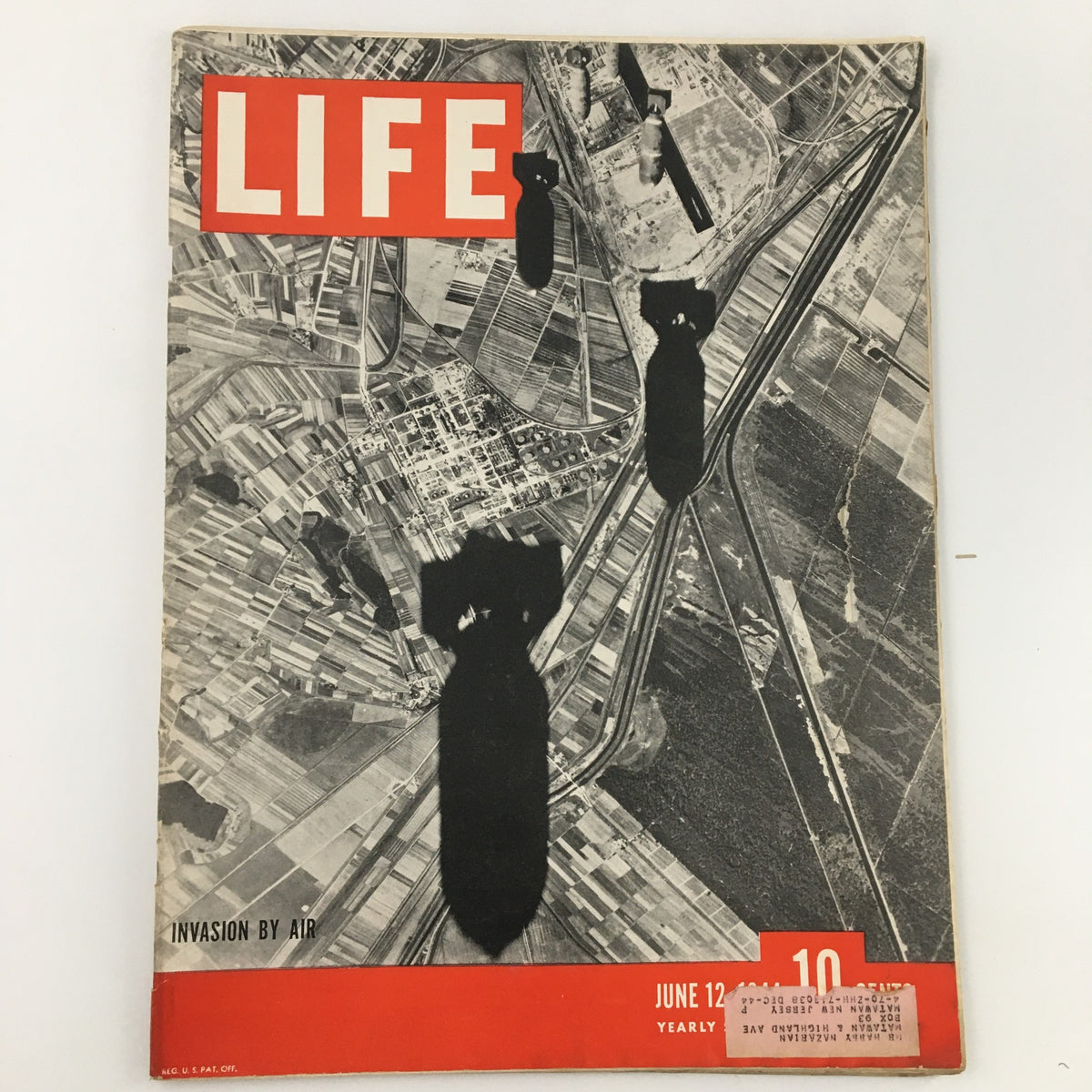 Cover of VTG Life Magazine from June 12, 1944, featuring a dramatic aerial photo depicting an invasion by air during World War II. The cover showcases bomb silhouettes over farmland, with a bold 'LIFE' title prominently displayed.