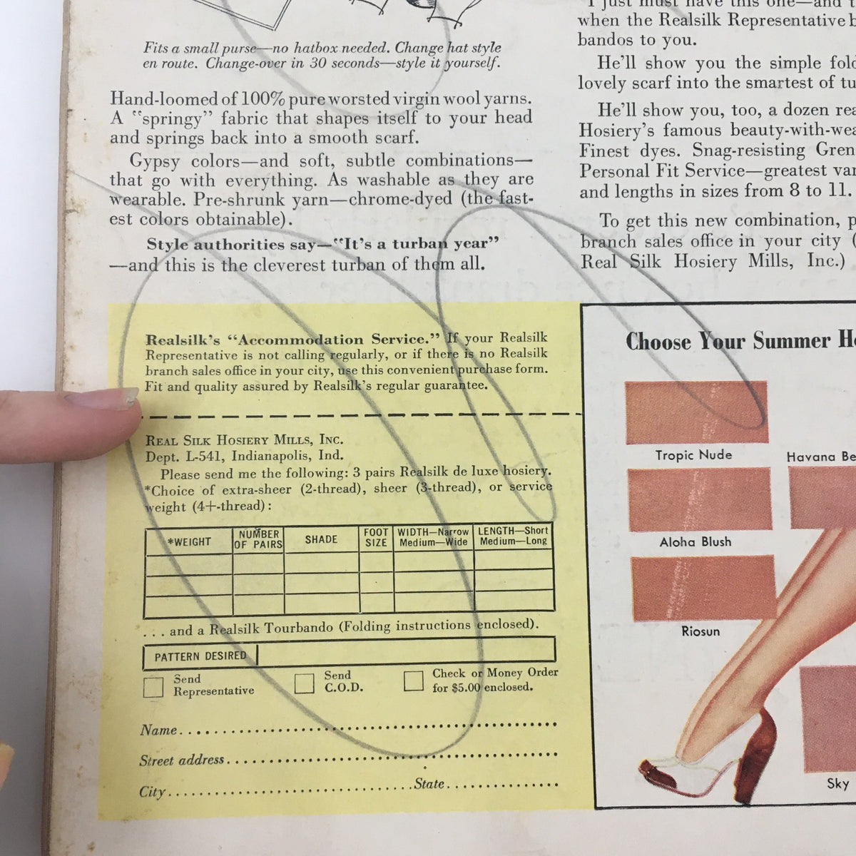 Back cover of a VTG Life Magazine from May 12, 1941 featuring Bob Feller, displaying an advertisement for Realsilk Hosiery Mills, emphasizing luxurious fabrics and fashion options.