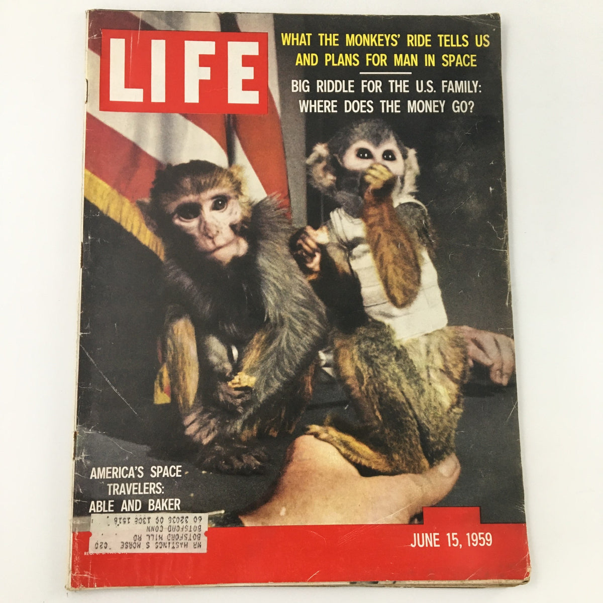 Cover of VTG Life Magazine June 15, 1959 featuring monkeys Able and Baker, pioneers of space travel, with headlines discussing their journey and America’s space ambitions.