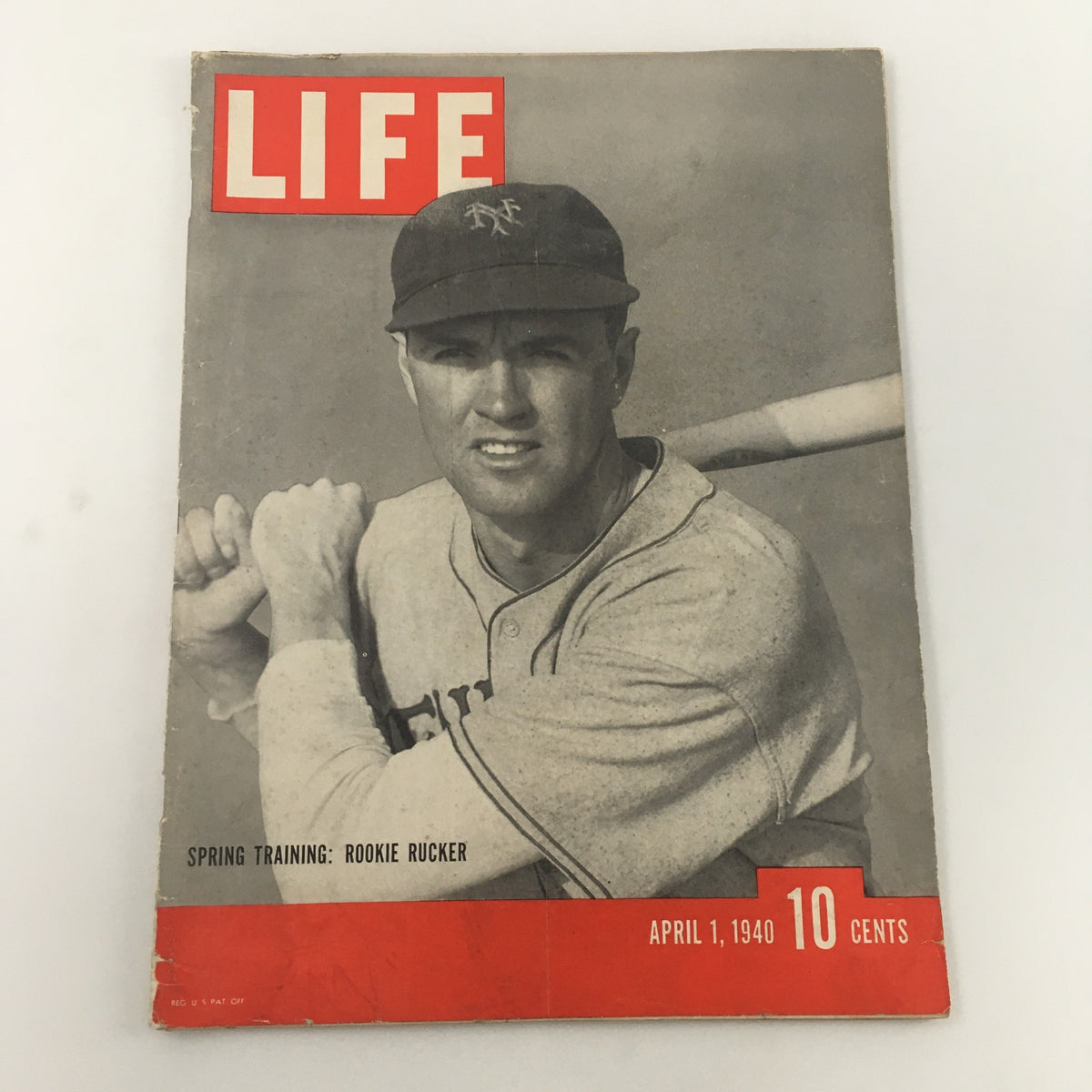 VTG Life Magazine cover from April 1, 1940 featuring Rookie Rucker during spring training, showcasing vintage sports journalism and a classic baseball aesthetic.