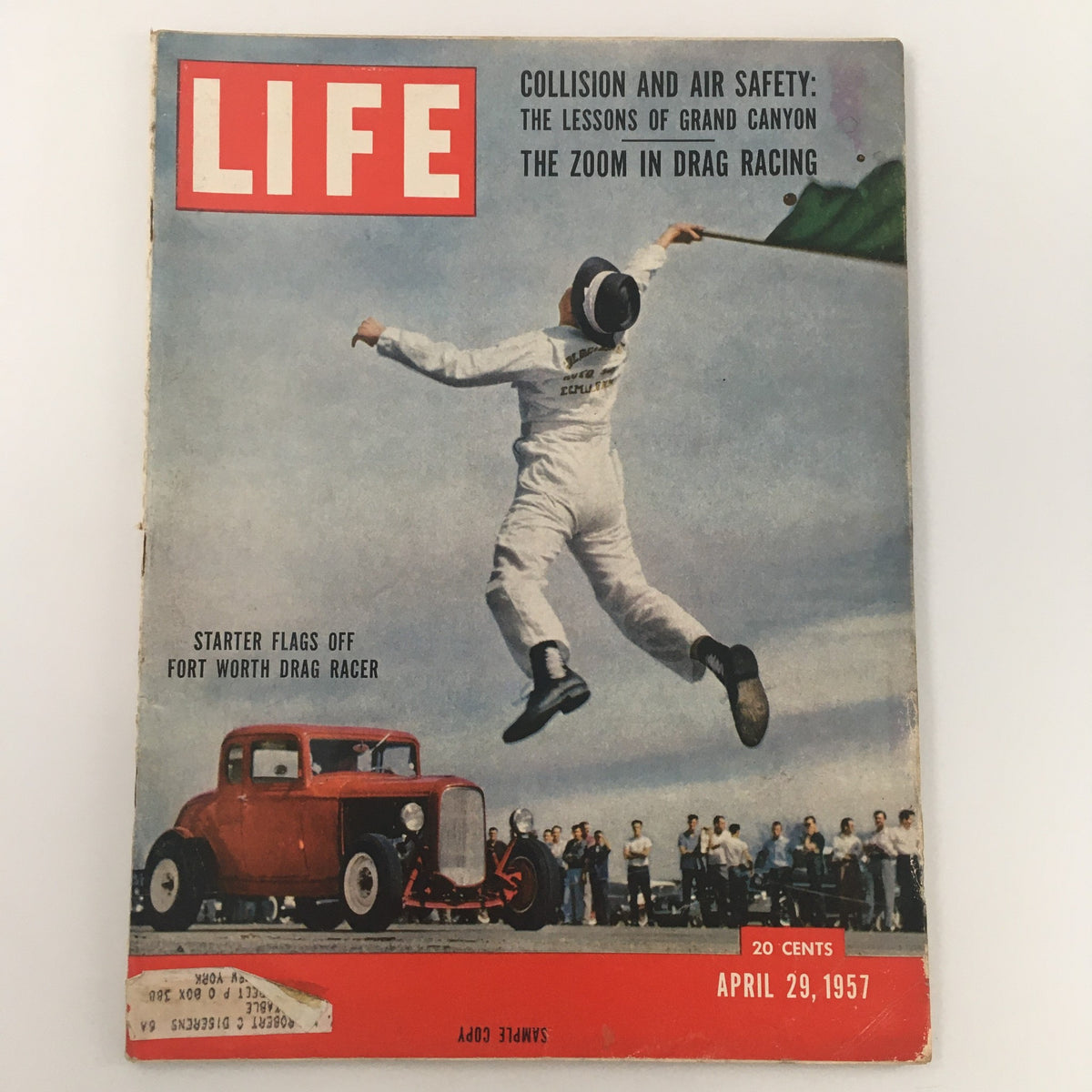 VTG Life Magazine April 29, 1957 showcasing drag racing with a starter waving a flag at Fort Worth drag racing event.