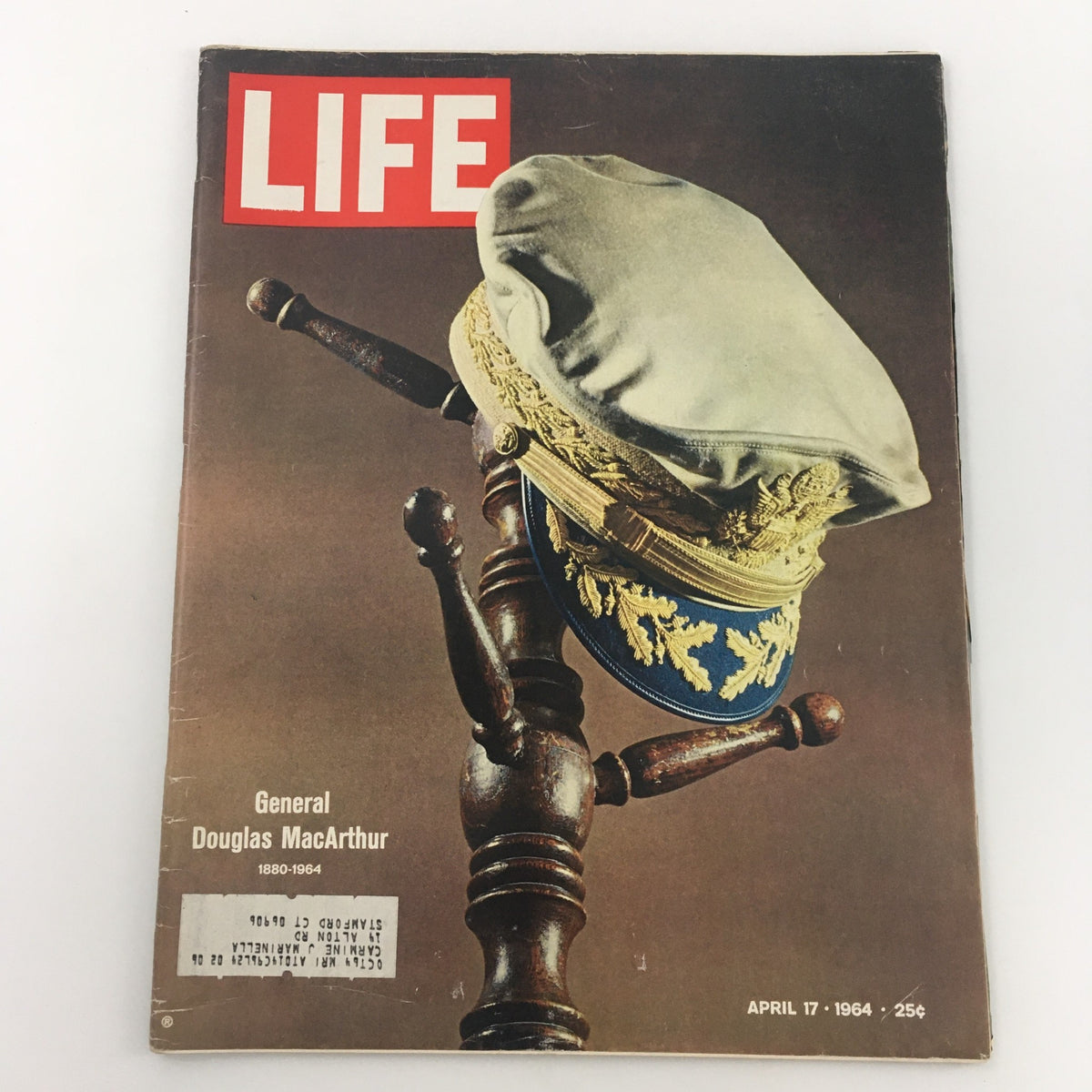 VTG Life Magazine April 17 1964 featuring General Douglas MacArthur's iconic cap on the cover, reflecting the military legacy of the influential leader.