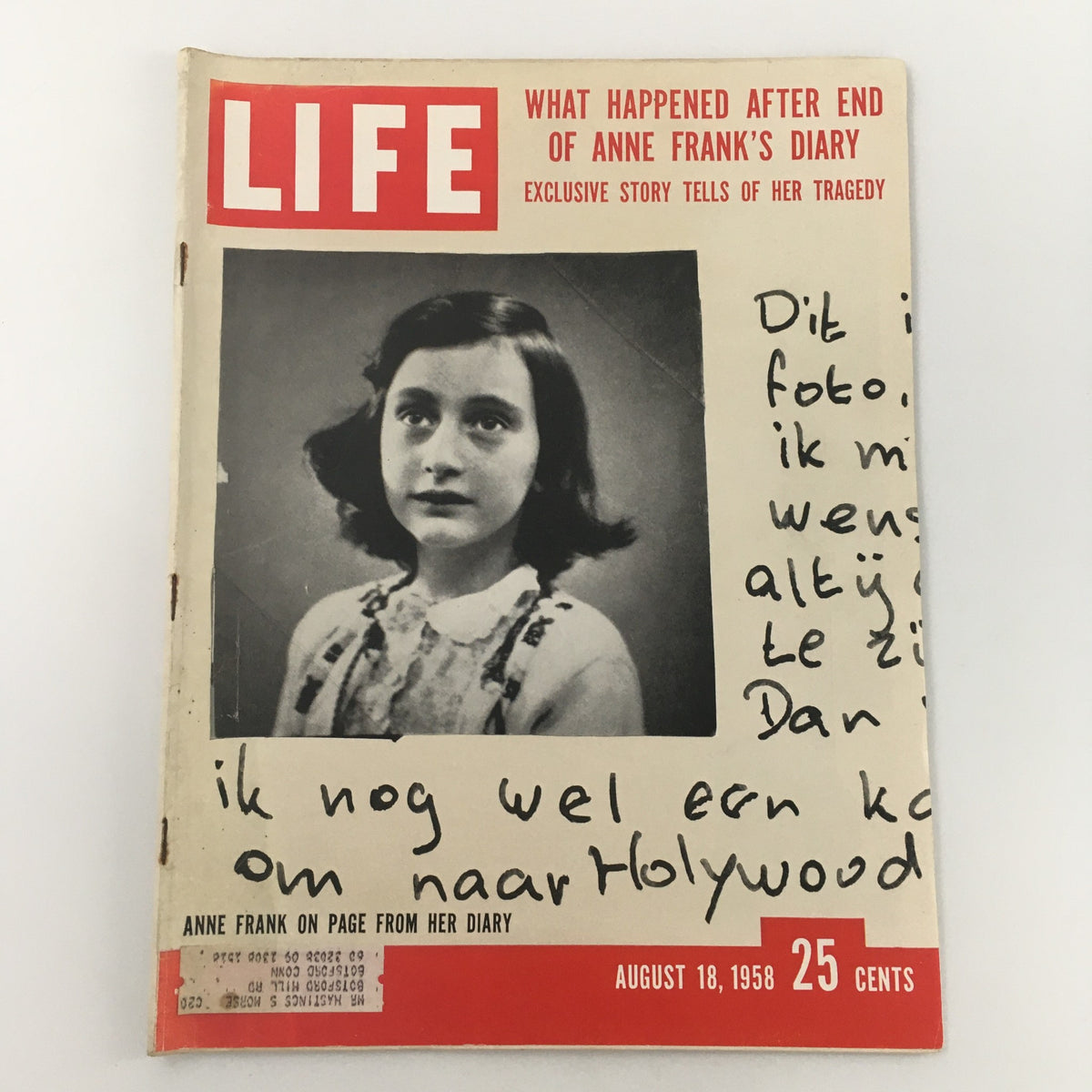 Cover of VTG Life Magazine dated August 18, 1958, featuring Anne Frank with a poignant excerpt from her diary and a classic red and white design.