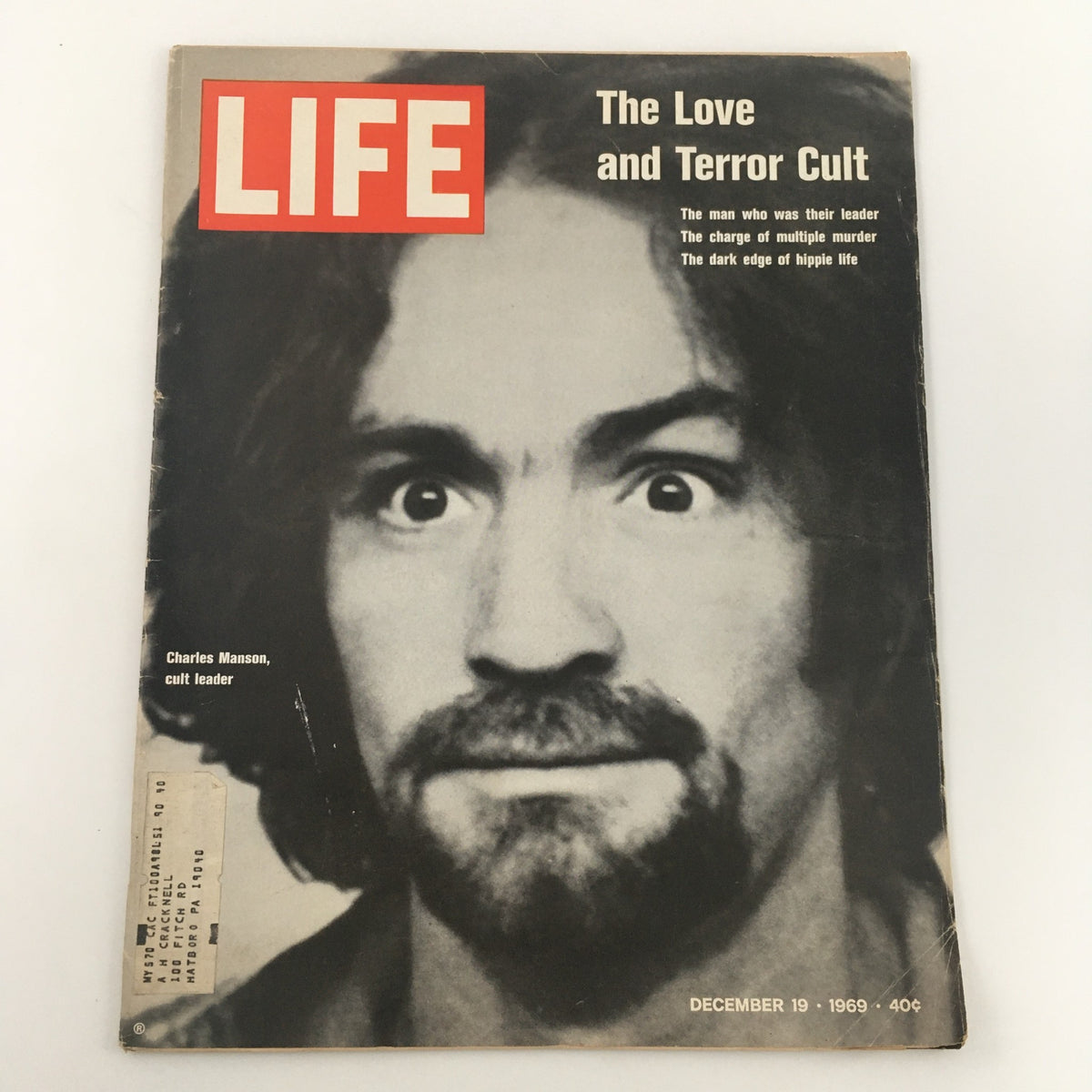 VTG Life Magazine December 19 1969 featuring The Love and Terror Cult of Charles Manson, showcasing a close-up of Charles Manson with an intense expression on the cover. The magazine's title is prominently displayed in bold red letters.