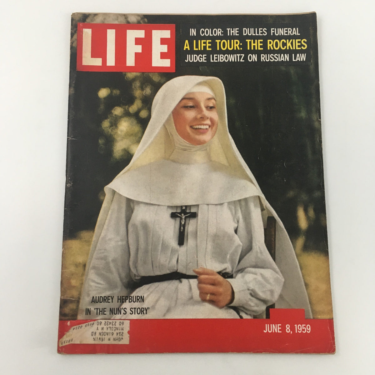 Vintage Life Magazine cover featuring Audrey Hepburn on June 8, 1959, showcasing her in 'The Nun's Story' and highlighting a travel feature on the Rockies.