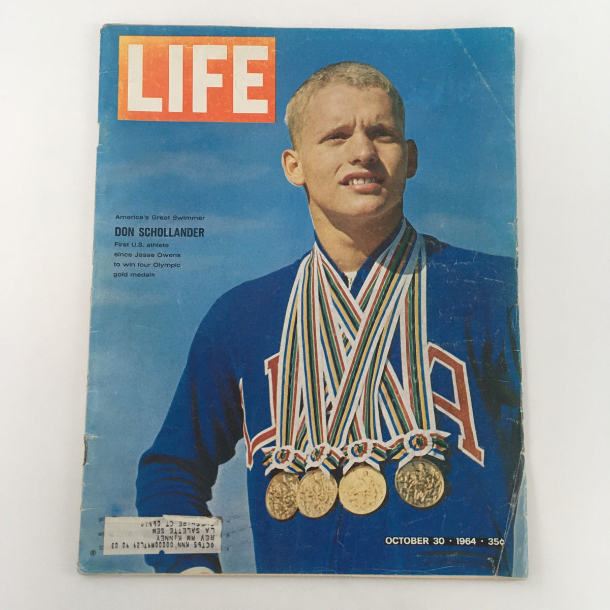 Cover of VTG Life Magazine October 30 1964 featuring Olympic Gold Medalist Don Schollander, showcasing him with four gold medals, reflecting the sports spirit of the 1960s.