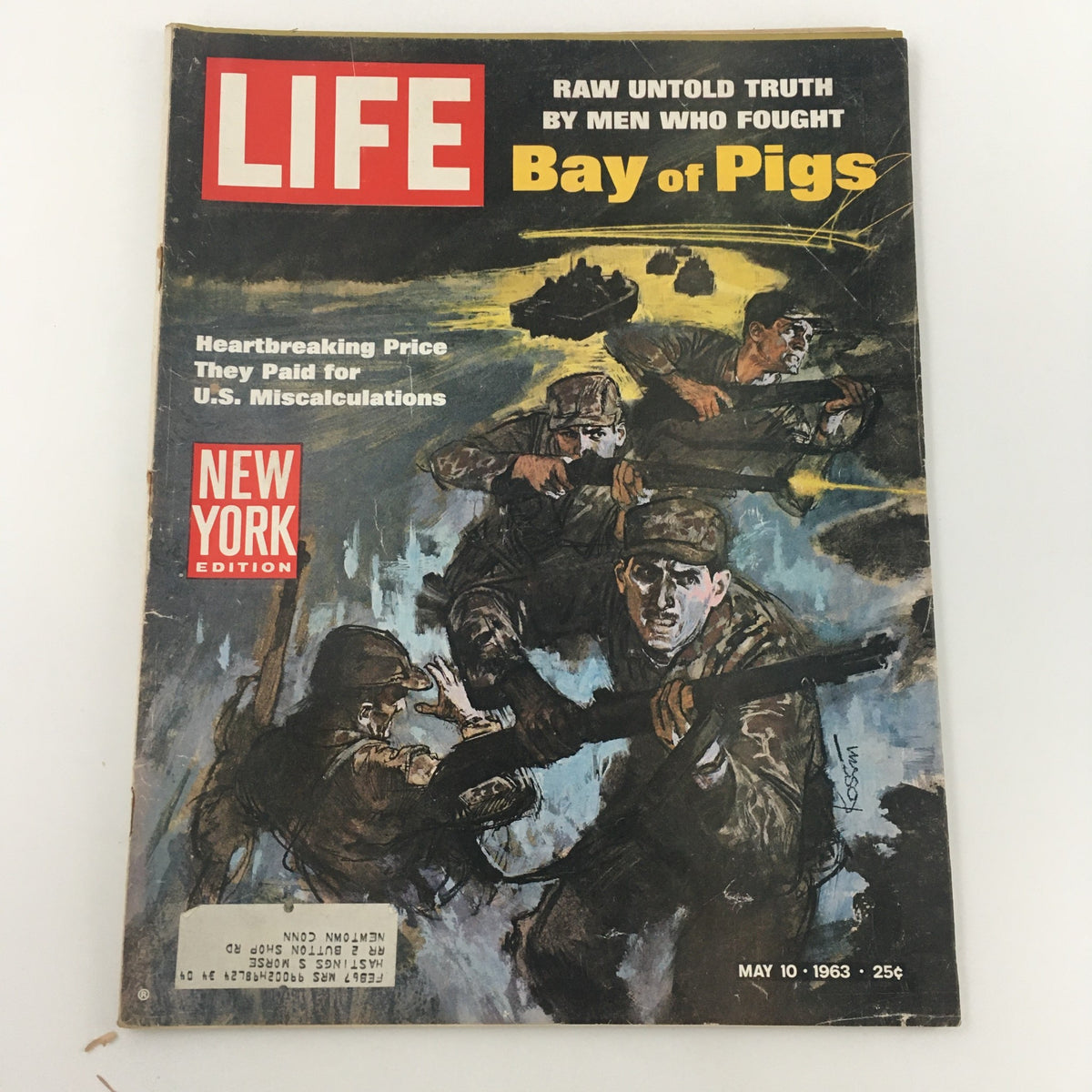 Vintage Life Magazine cover from May 10, 1963, featuring the title 'RAW UNTOLD TRUTH BY MEN WHO FOUGHT BAY OF PIGS'. This issue includes themes of military conflict and personal narratives related to the Bay of Pigs invasion.