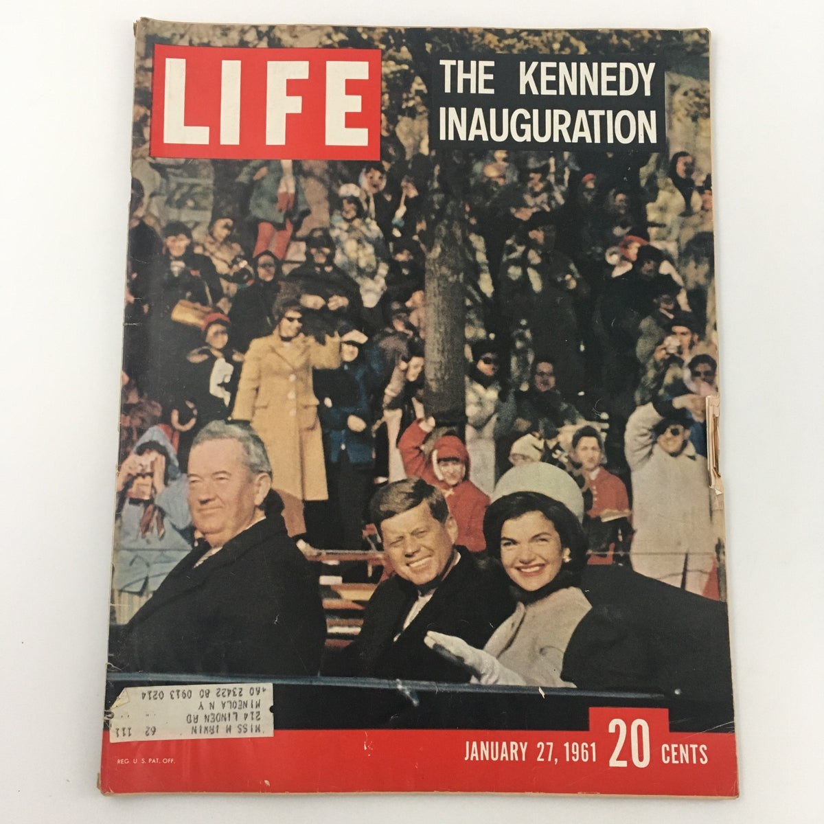 VTG Life Magazine from January 27, 1961 featuring The John F. Kennedy Inauguration. The cover showcases President John F. Kennedy, Jacqueline Kennedy, and other attendees at the historic event.