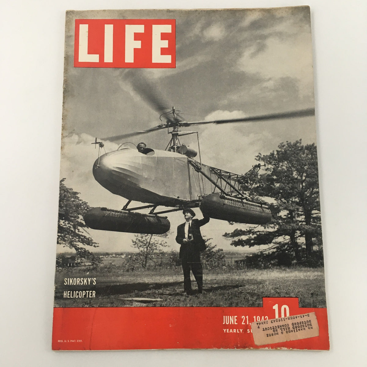 Cover of VTG Life Magazine June 21 1943, featuring Sikorsky Aircraft's helicopter, showcasing a historical moment in aviation with a vintage photograph.