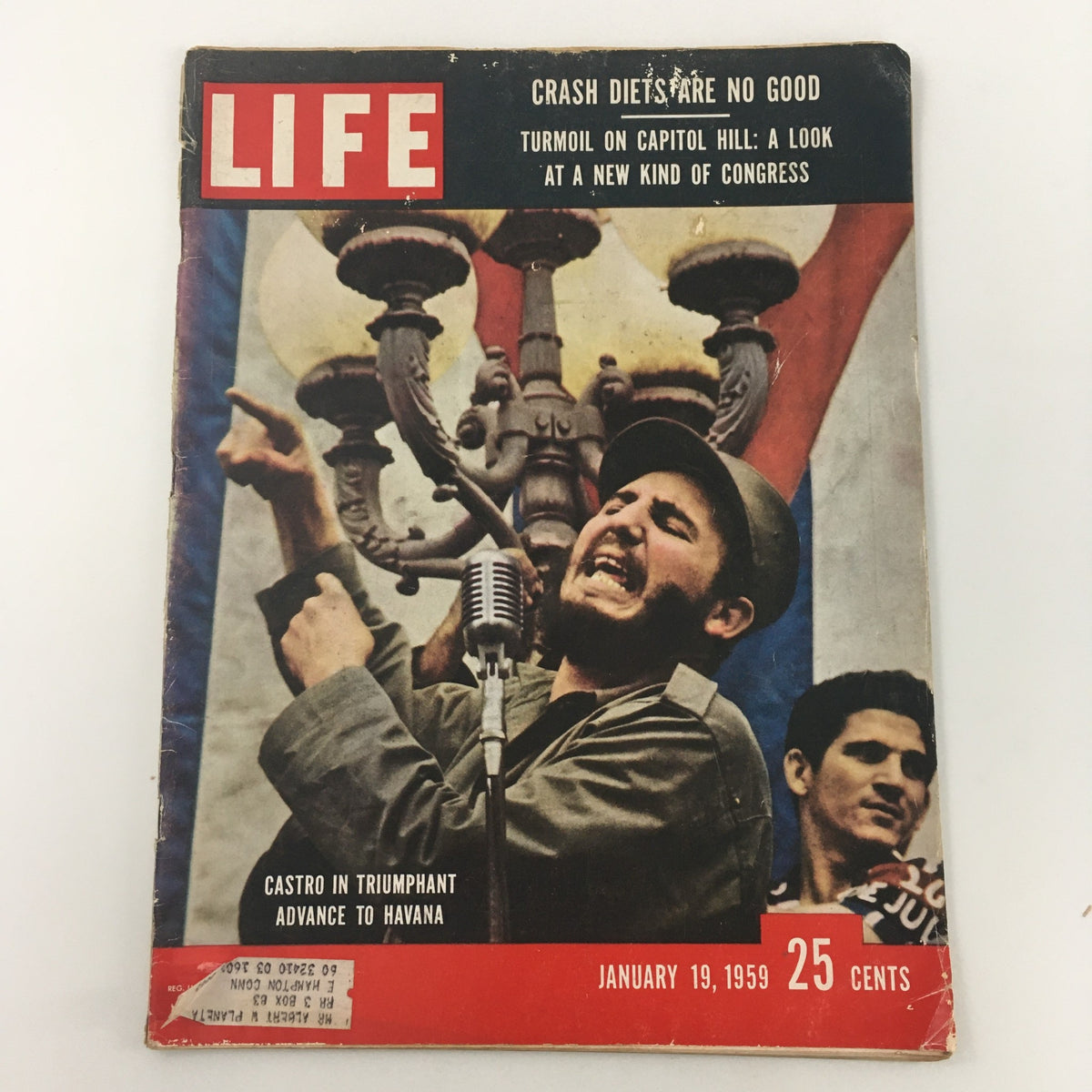 VTG Life Magazine cover from January 19, 1959 featuring Fidel Castro's advance to Havana, showcasing historical significance during the Cold War era with vivid imagery and notable articles.