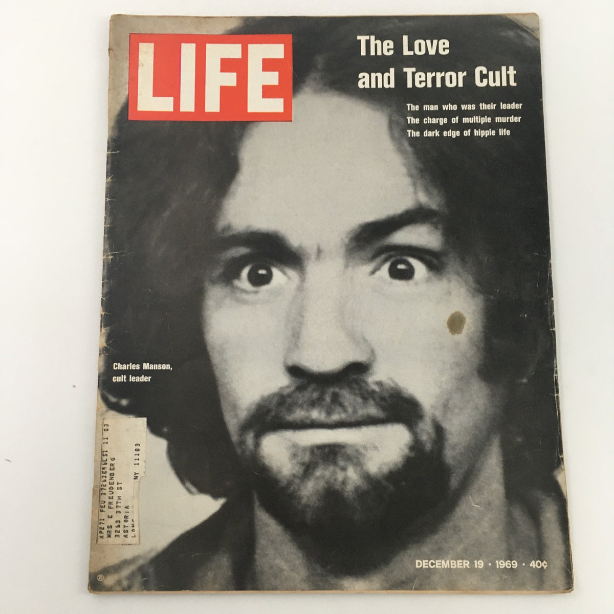 Vintage Life Magazine from December 19, 1969, featuring Charles Manson on the cover, showcasing the infamous cult leader with the title 'The Love and Terror Cult' and discussing his impact on the 1960s.