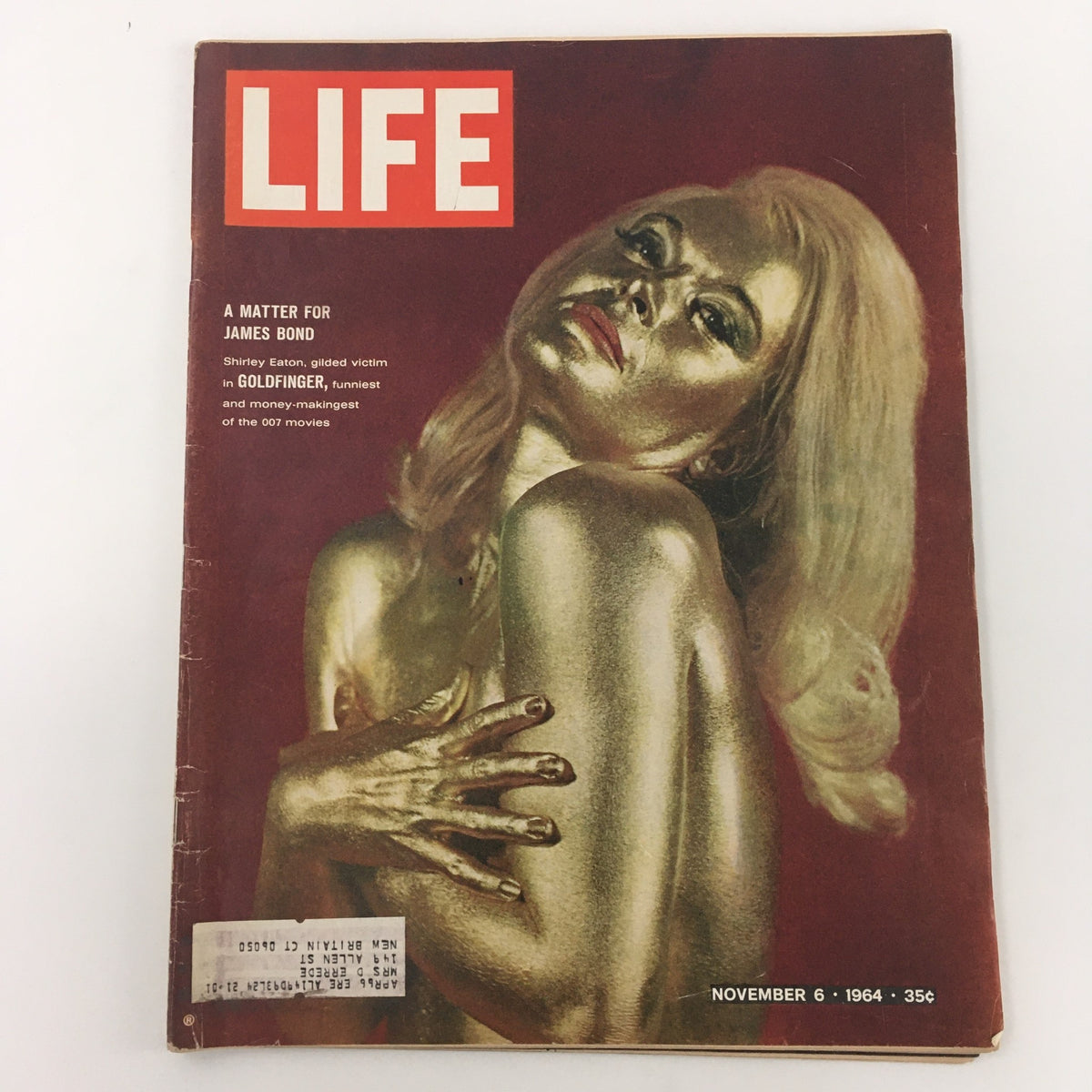 Vintage Life Magazine from November 6, 1964 featuring Shirley Eaton, highlighting her role in Goldfinger and the iconic James Bond franchise.