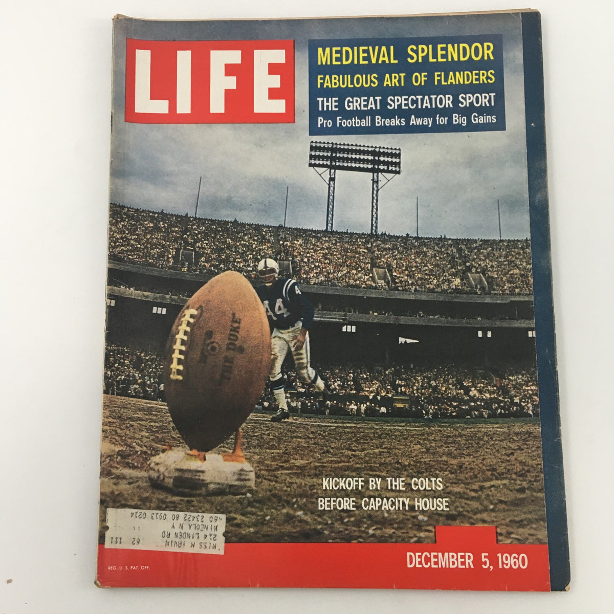 Cover of VTG Life Magazine December 5 1960 featuring the title 'Medieval Splendor: Fabulous Art of Flanders,' showcasing a football player on the field with an audience in a stadium setting.