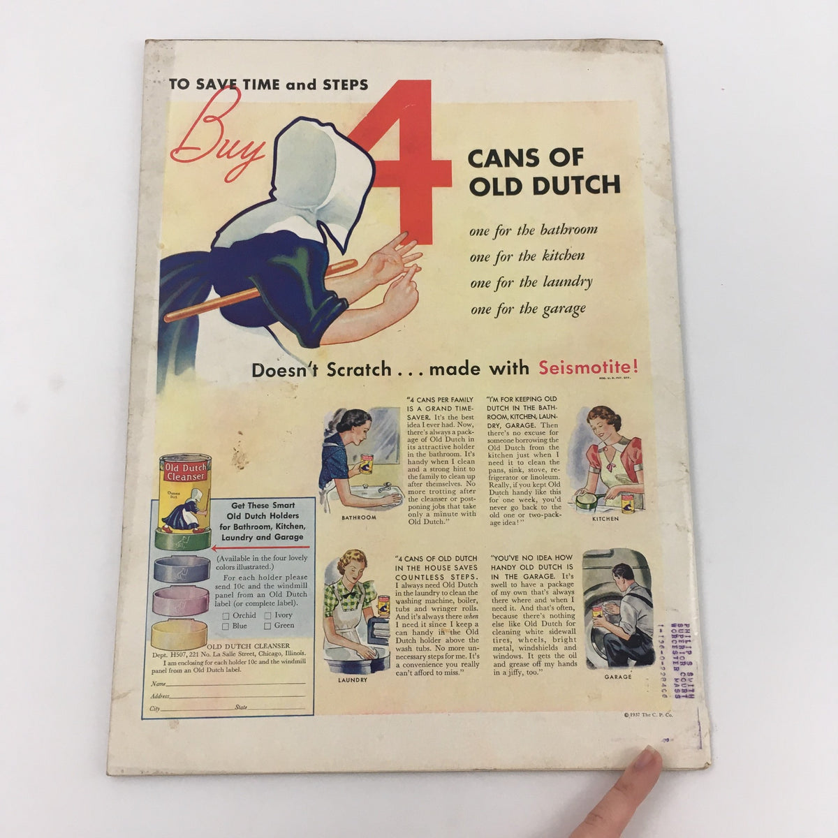 Back cover of VTG Life Magazine from May 3, 1937, featuring an advertisement for Old Dutch Cleanser. Reflects advertising style of the 1930s with illustrated instructions for use.