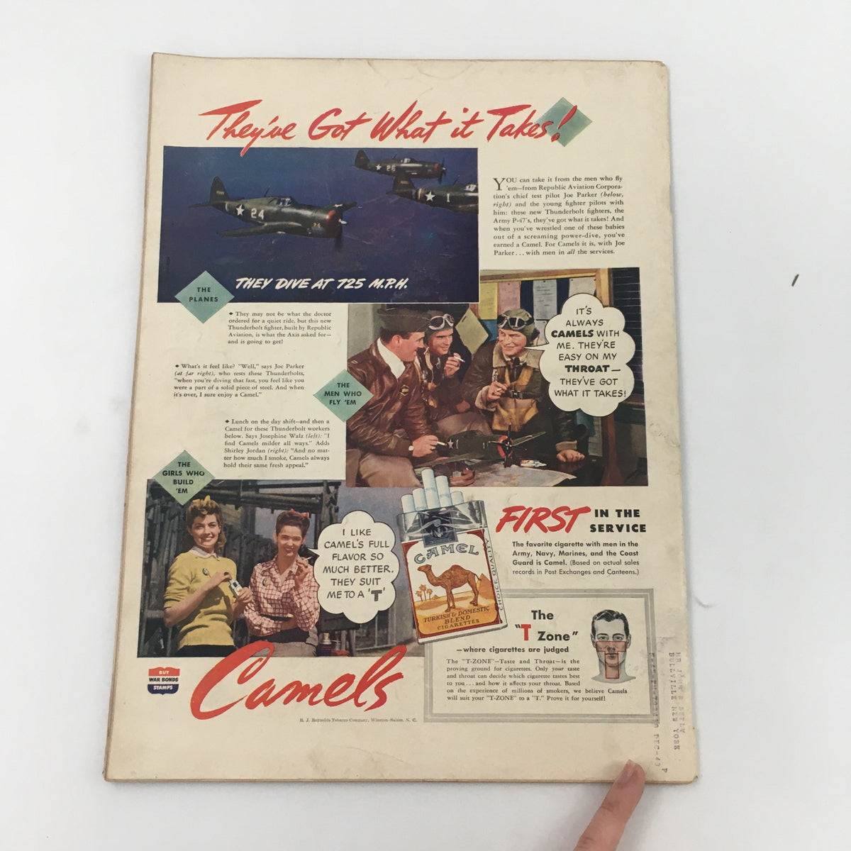 Back cover of VTG Life Magazine from August 9, 1943, featuring an advertisement for Camels cigarettes, illustrating various aspects of wartime life and aviation, complementing the magazine's world events theme.