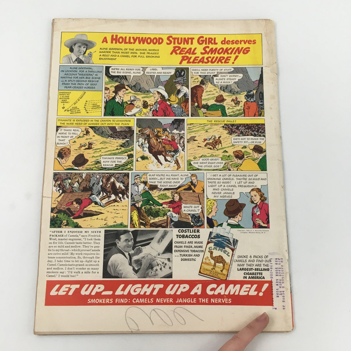 Back cover of VTG Life Magazine April 24 1939, featuring a colorful advertisement for Camel cigarettes with a comic strip illustration and promotional text.
