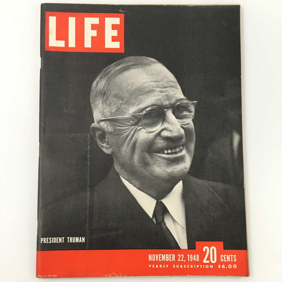 VTG Life Magazine November 22, 1948 featuring a smiling portrait of President Harry S. Truman on the cover, illustrating a significant period in American history.