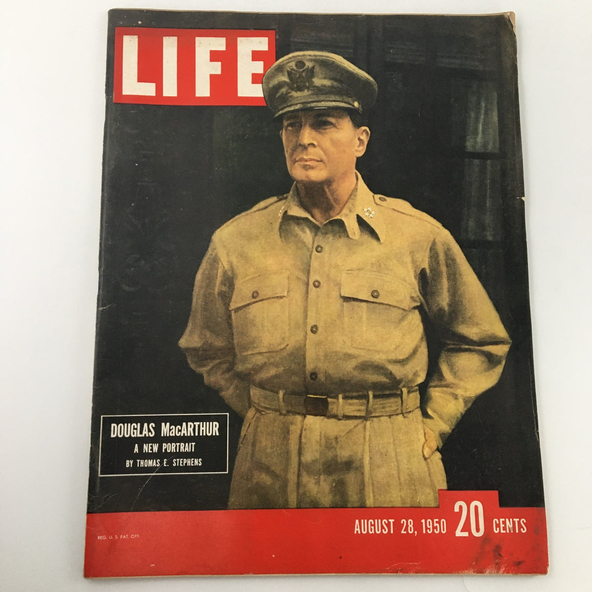 Vintage Life Magazine cover dated August 28, 1950, featuring a new portrait of Douglas MacArthur, showcasing the influential military leader in military attire.