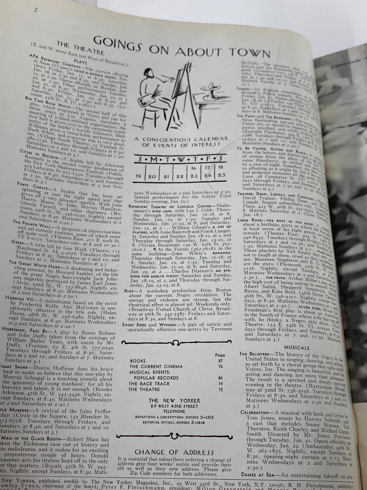 Inside page of The New Yorker Full Magazine January 18 1969 showcasing events and theatre listings in a classic layout.