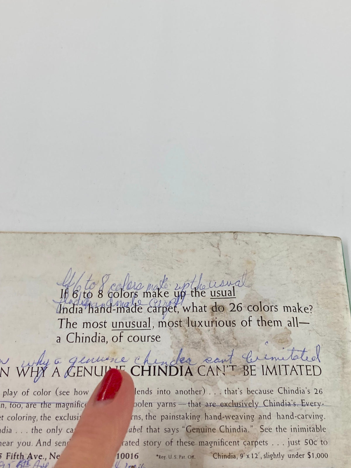 Back cover of The New Yorker Full Magazine January 18 1969 with handwritten notes and a description of a hand-made carpet.