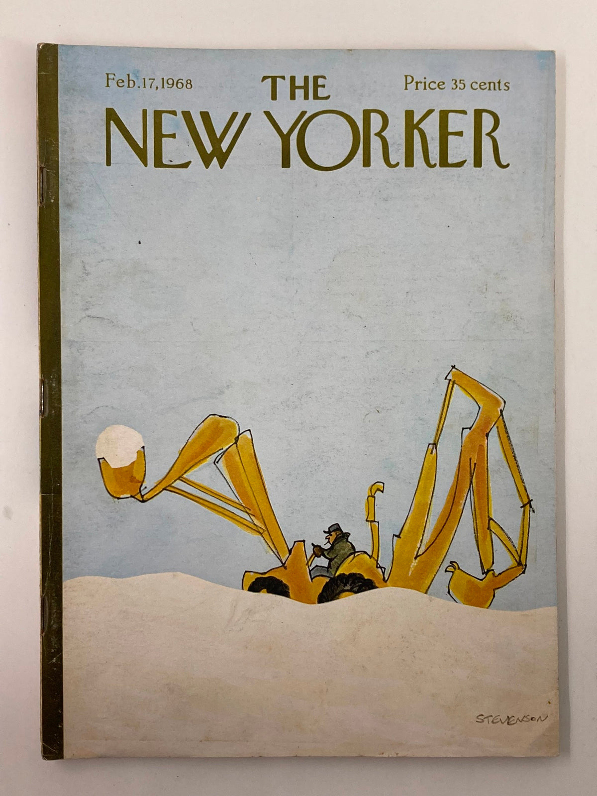 Cover of The New Yorker full magazine dated February 17, 1968, featuring artwork titled 'Plowing Snow' by James Stevenson, showcasing a snow plow in a winter landscape.