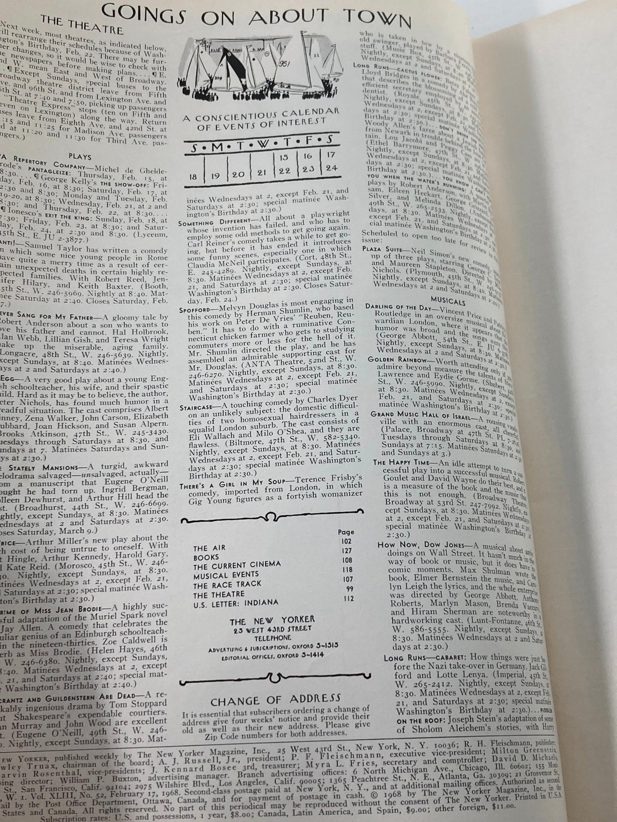 Interior page from The New Yorker Full Magazine February 17, 1968 featuring 'Goings On About Town' listings and events, complementing the cover art 'Plowing Snow' by James Stevenson.