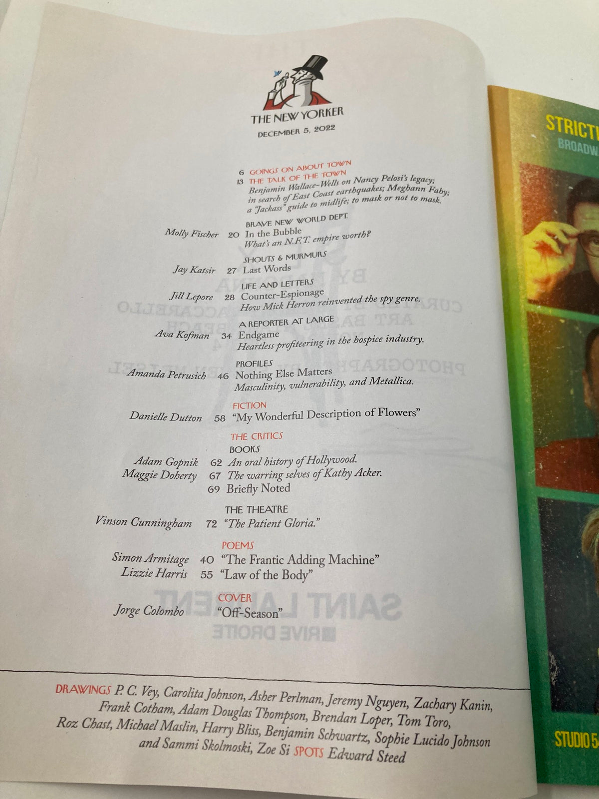 The New Yorker Full Magazine December 5 2022 Off-Season featuring the contents page, highlighting featured articles and contributors in a stylish layout.