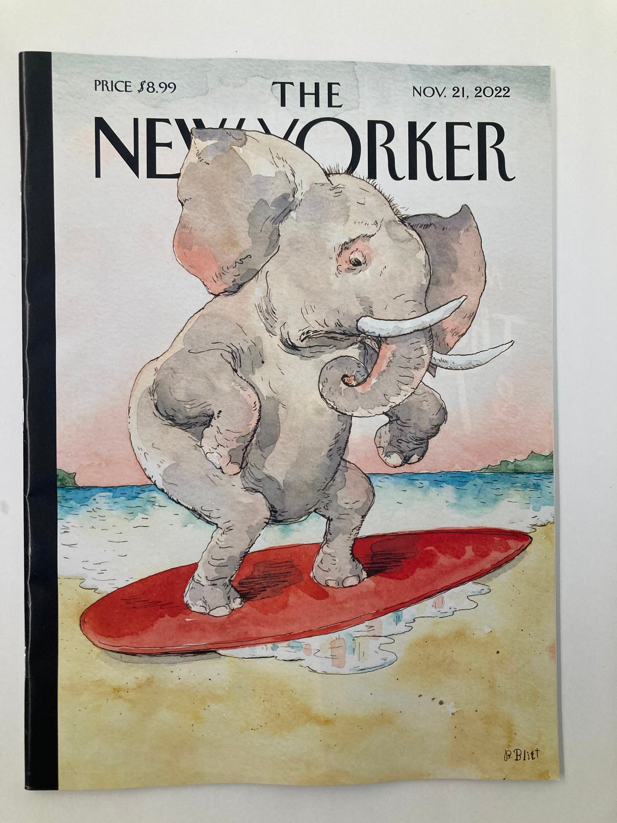 Cover of The New Yorker Full Magazine November 21, 2022, featuring a whimsical illustration by Barry Blitt, depicting an elephant surfing on a board at the beach.