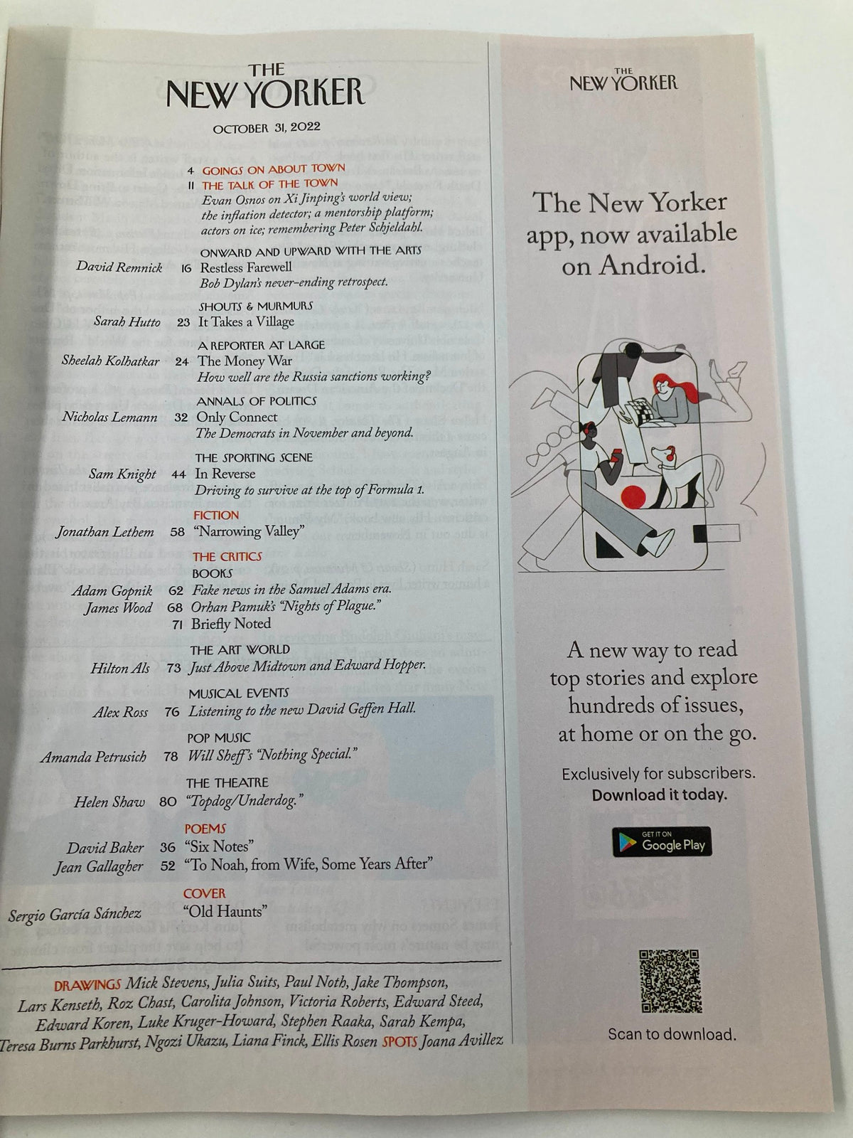 The New Yorker Full Magazine October 31 2022, showcasing the table of contents and app promotion, featuring the evocative cover art titled 'Old Haunts' by S. G. Sanchez, highlighting various articles and illustrations.