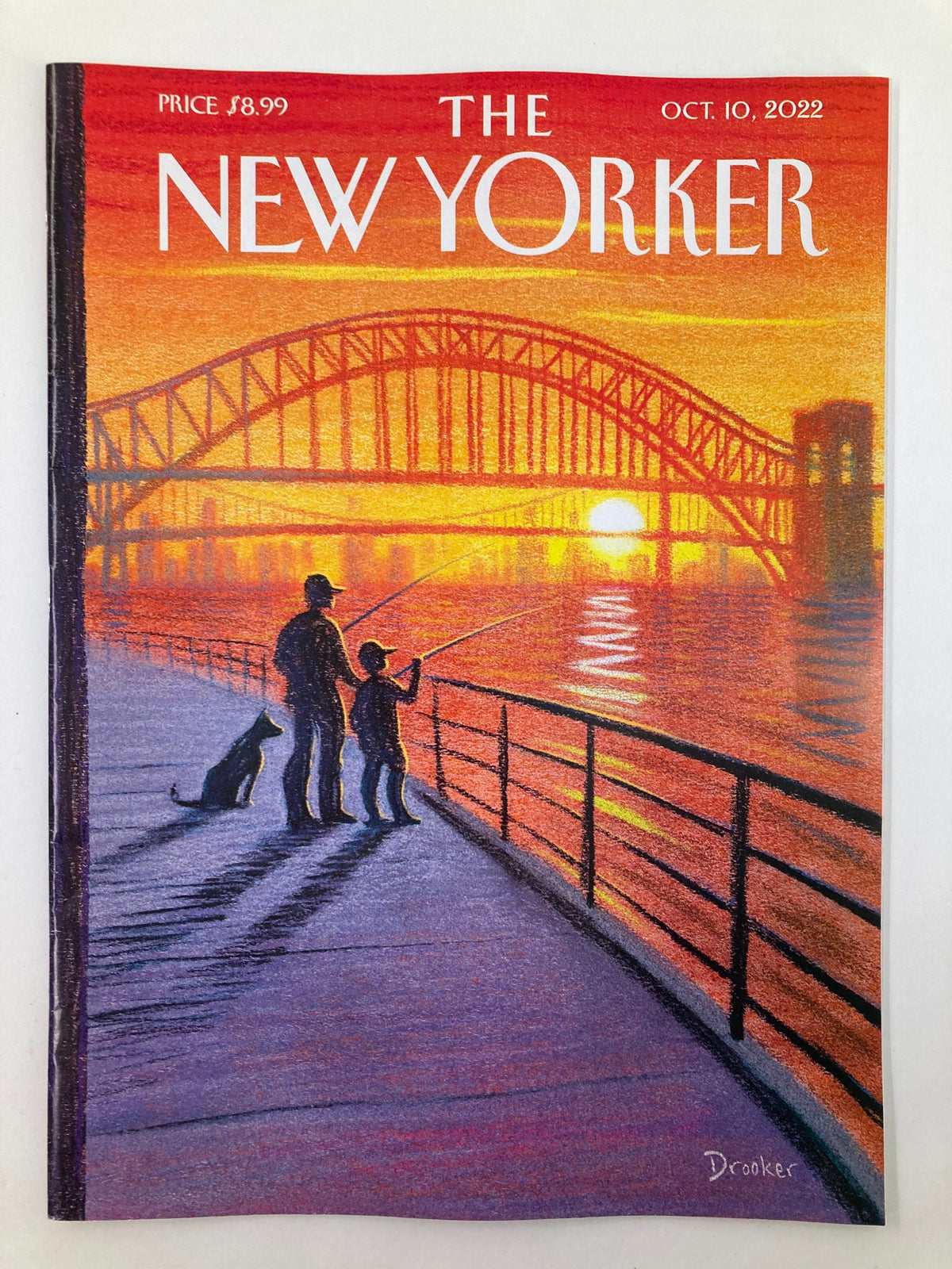 The New Yorker Full Magazine October 10 2022, featuring the vibrant cover art titled 'Sunset Catch' by Eric Drooker, showcasing a father and child fishing against a stunning sunset backdrop.