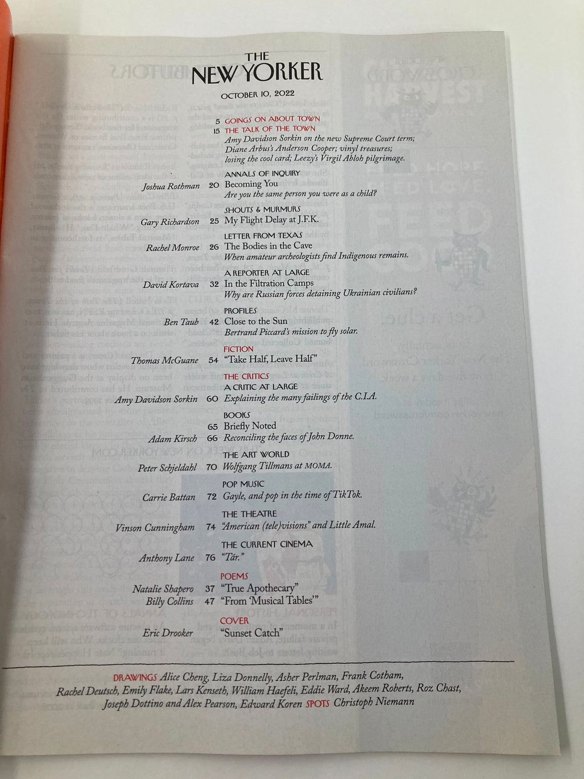 Contents page of The New Yorker Full Magazine October 10 2022, listing various articles and features, including 'Sunset Catch' artwork by Eric Drooker.