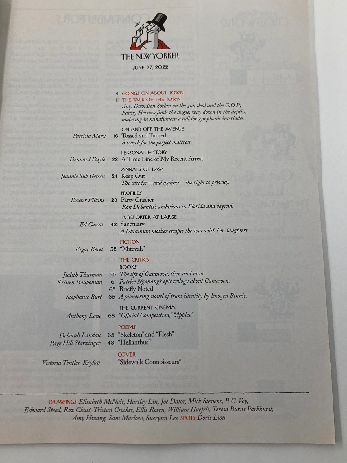 Table of contents from The New Yorker Full Magazine June 27, 2022 highlighting the feature 'Sidewalk Connoisseurs' along with other articles and illustrations.