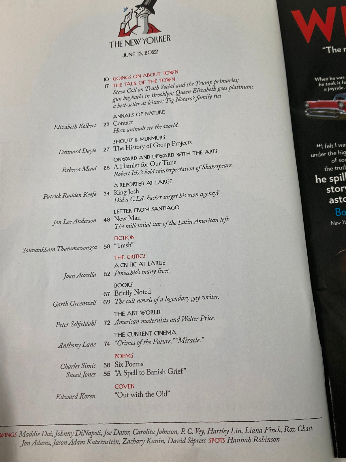 Interior page of The New Yorker Full Magazine - June 13 2022, showcasing the table of contents with article titles and authors.