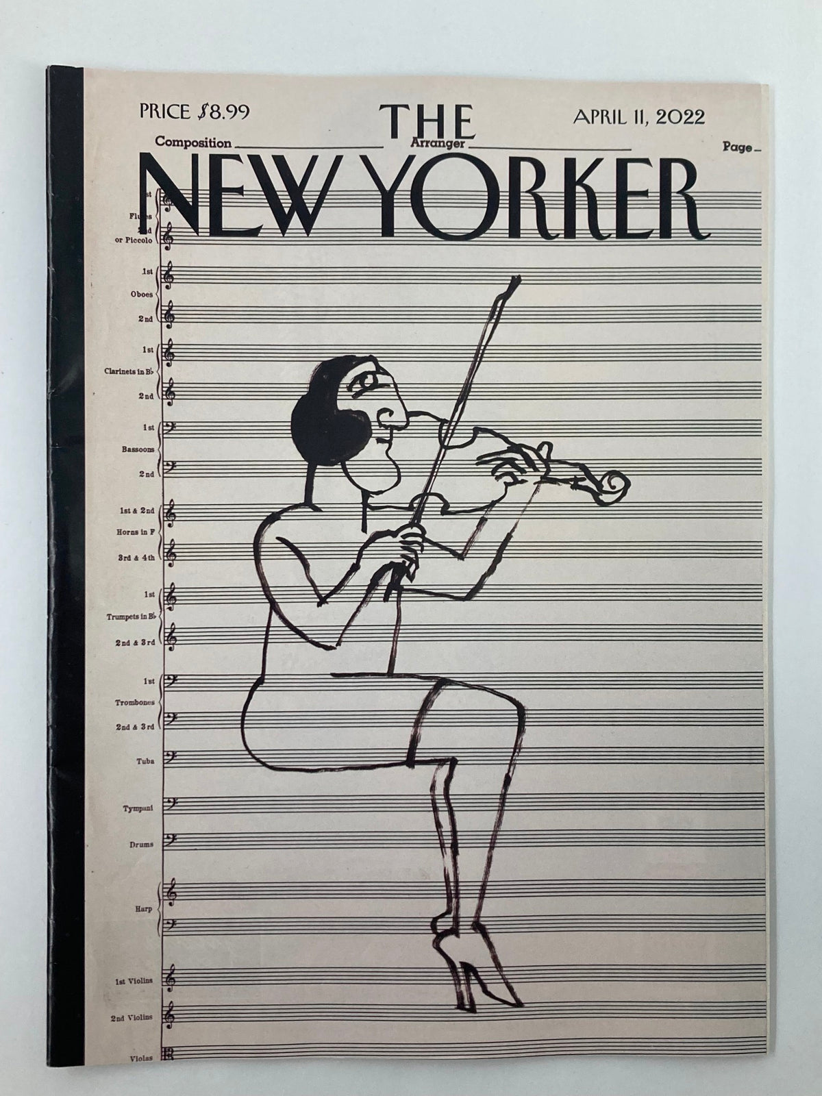 Cover of The New Yorker Full Magazine April 11, 2022, featuring an artwork titled 'Untitled 1967' by Saul Steinberg, showcasing a whimsical illustration of a woman playing a violin against a backdrop of musical staff lines.