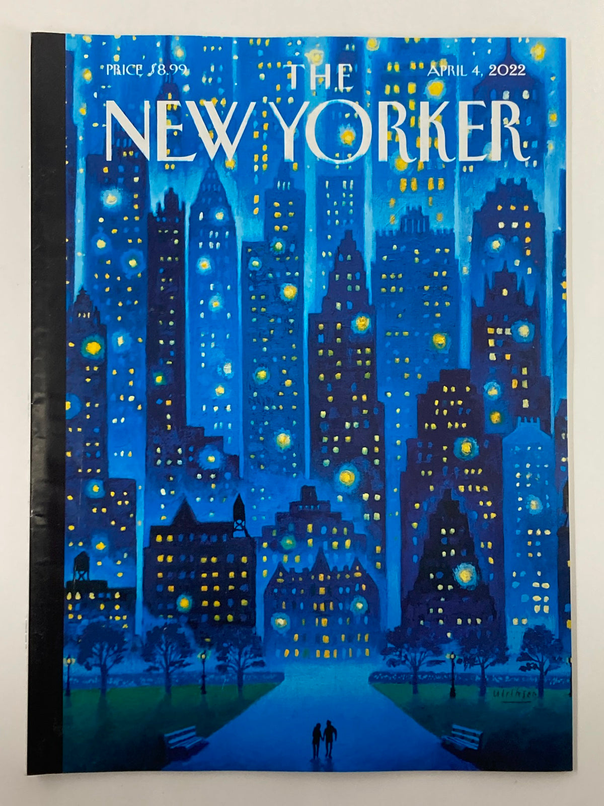The New Yorker Full Magazine April 4 2022 cover featuring the artwork 'Stellar Night' by Mark Ulriksen, showcasing a vibrant city skyline illuminated by blue tones and colorful lights.