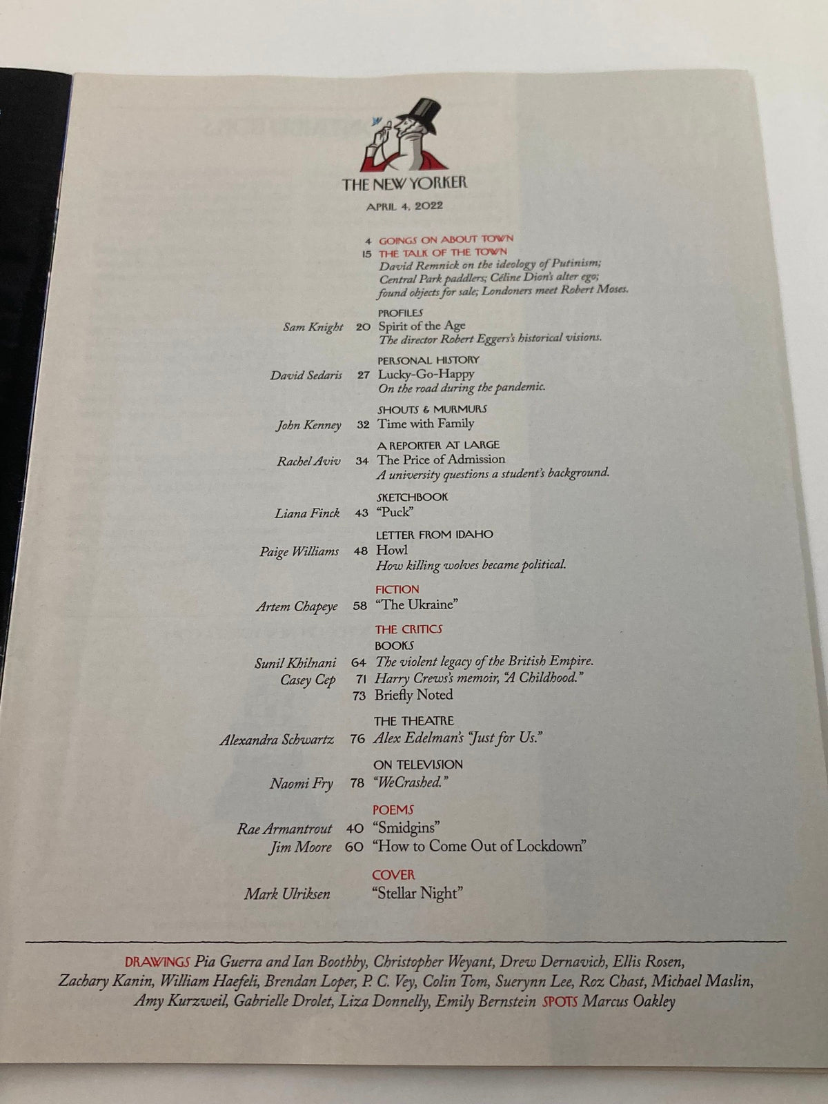 The New Yorker Full Magazine April 4 2022 table of contents page listing featured articles, including 'Stellar Night' and other sections relevant to the magazine's content.
