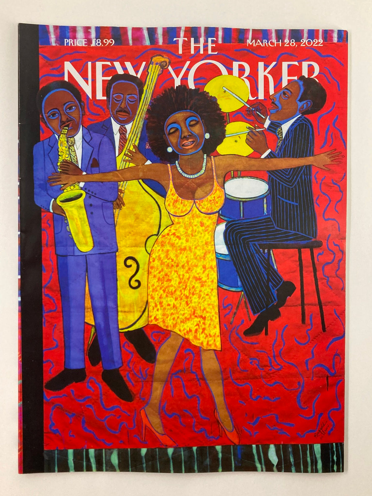 Cover of The New Yorker magazine, March 28, 2022, featuring vibrant artwork celebrating jazz stories and Faith Ringgold's artistic contributions.