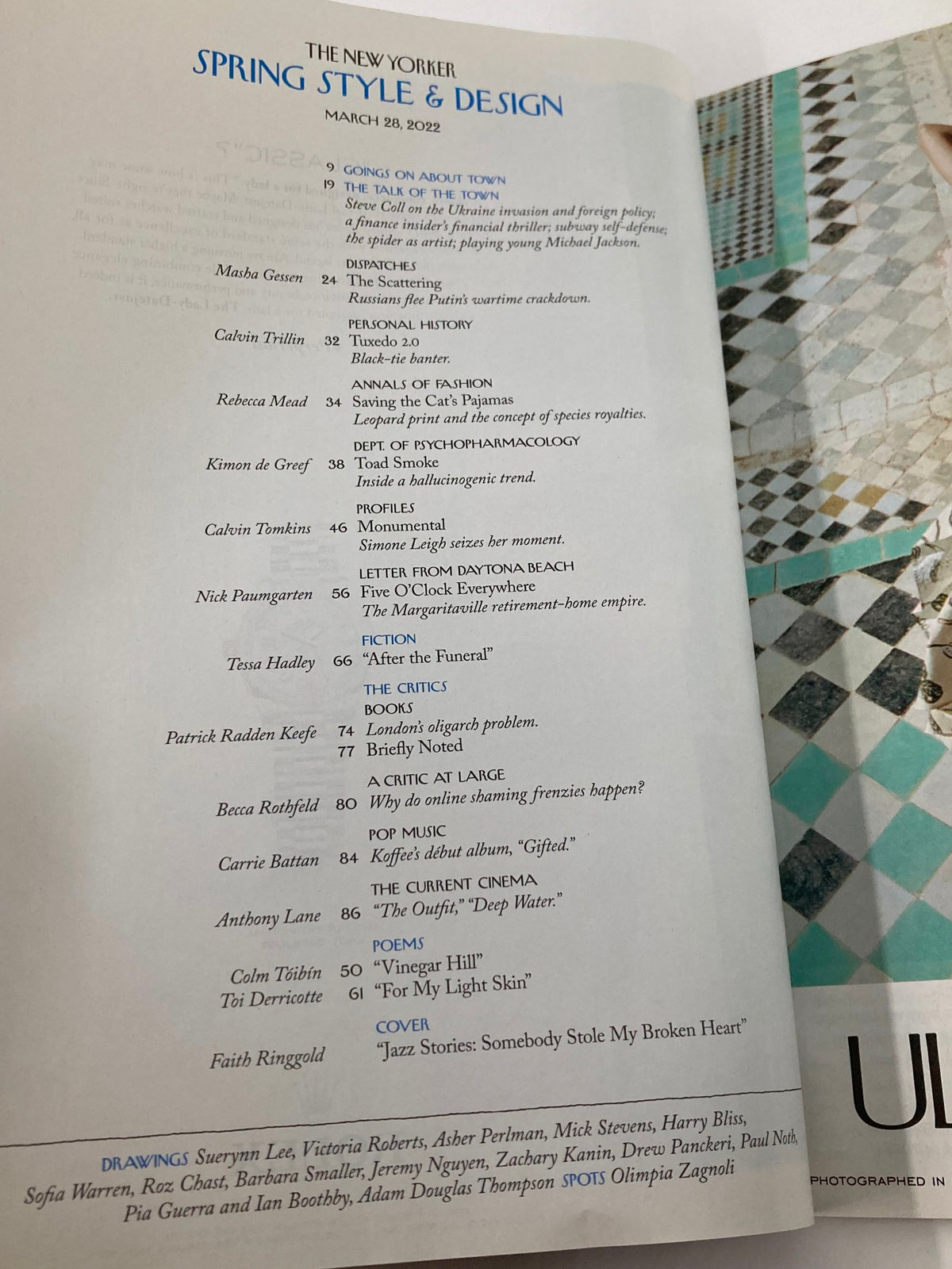 Inside page of The New Yorker magazine March 28 2022, featuring a table of contents with jazz stories and contributions from Faith Ringgold.
