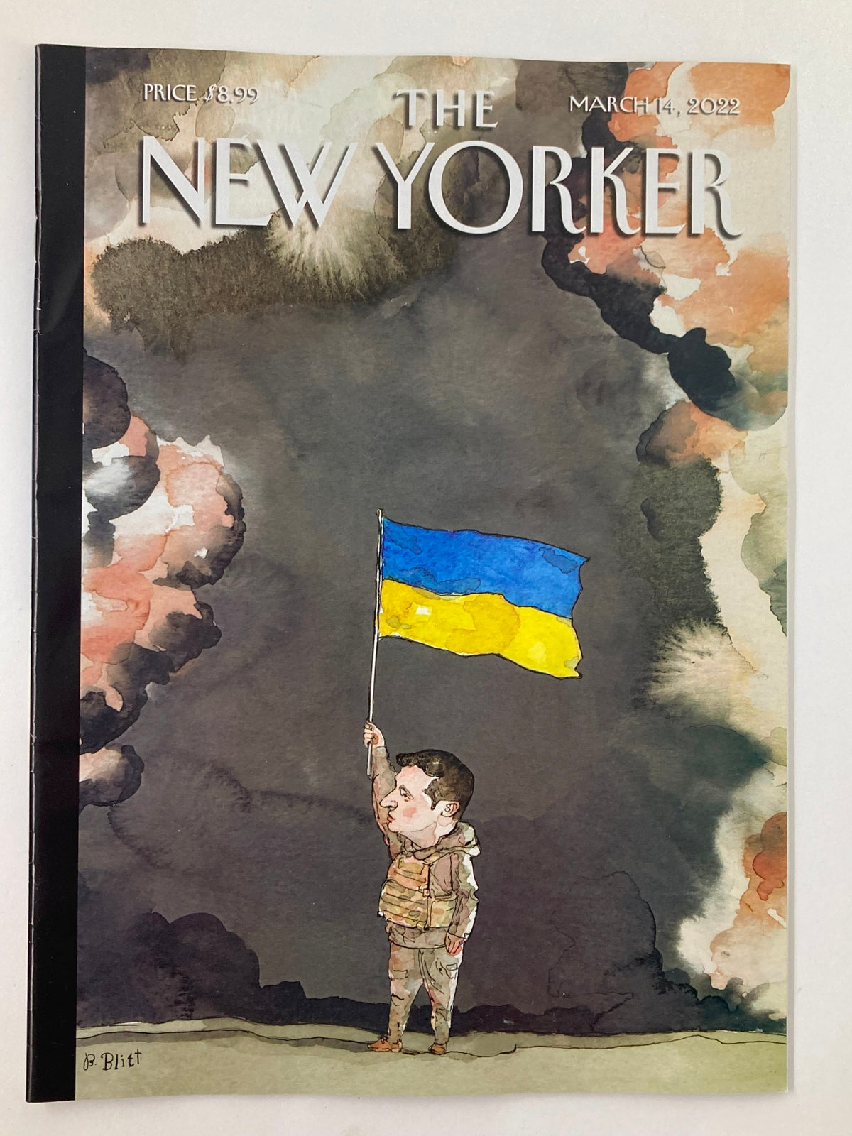 The New Yorker Full Magazine cover from March 14, 2022, featuring the artwork 'Resilience' by Barry Blitt, depicting a child holding a Ukrainian flag against a dramatic smoky background.