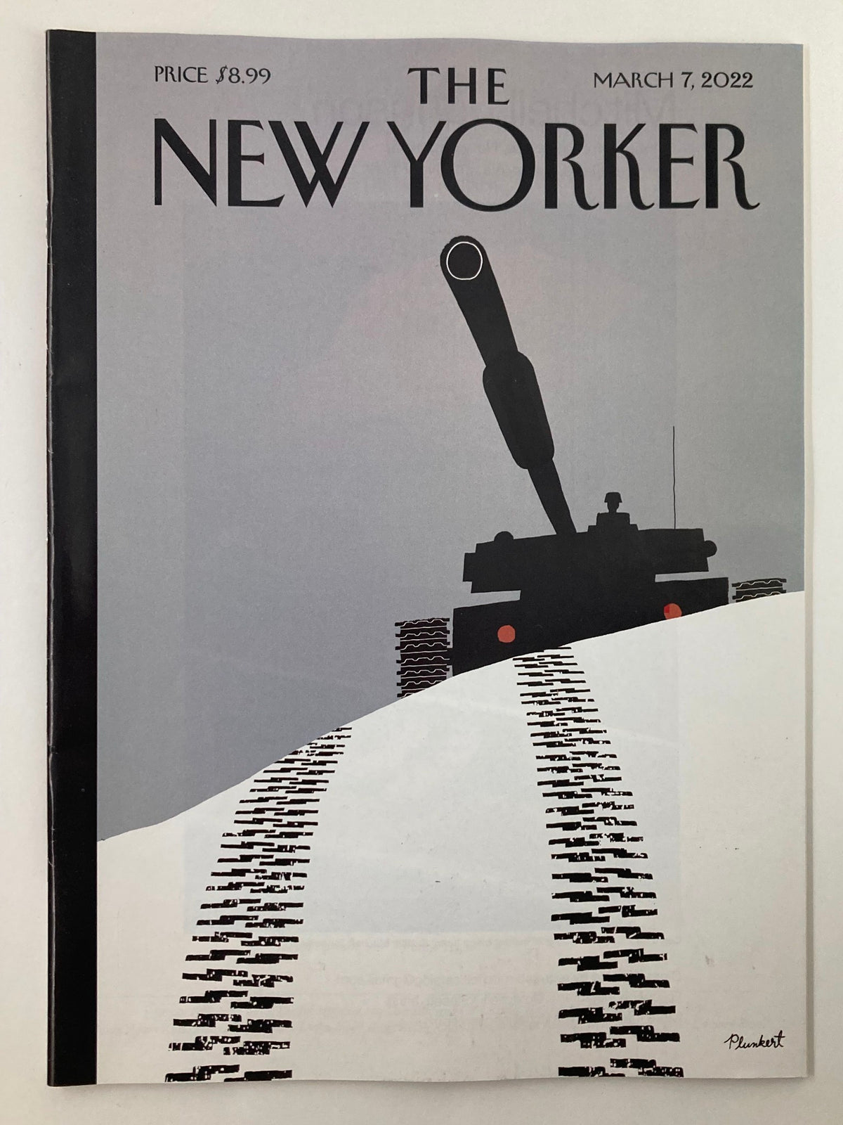 The New Yorker Full Magazine March 7 2022 cover featuring striking artwork by D. Plunkert, depicting a tank silhouette leaving tracks in snow.