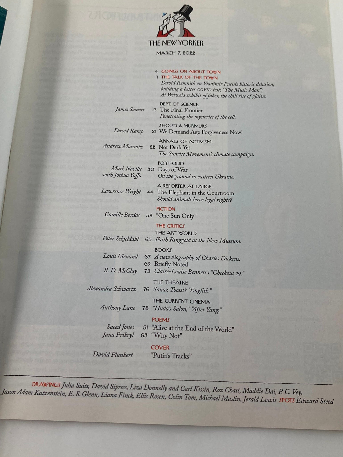 The New Yorker Full Magazine March 7 2022 contents page outlining featured articles and sections, including 'Putin's Tracks'.