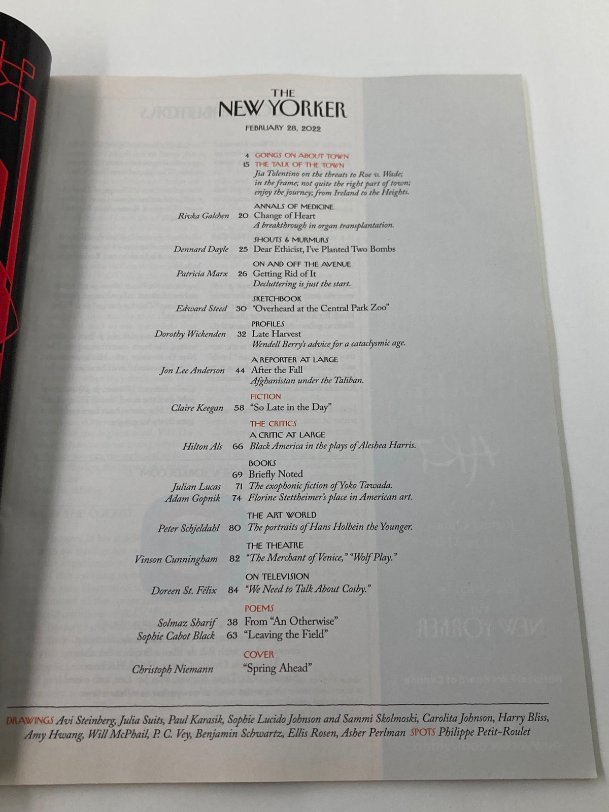 Table of contents for The New Yorker February 28, 2022, listing articles and contributors for the issue titled 'Spring Ahead'.